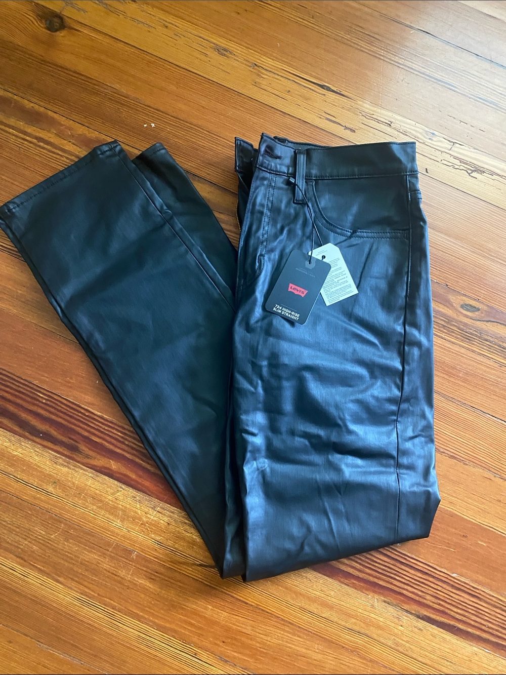 Levi's 724 Slim Straight Black Faux Leather Jeans, new with tags